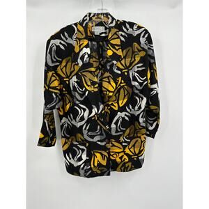 Pearl‎ C Womens Jacket Size 6 Vintage Linen Blend Abstract Floral Yellow Black
